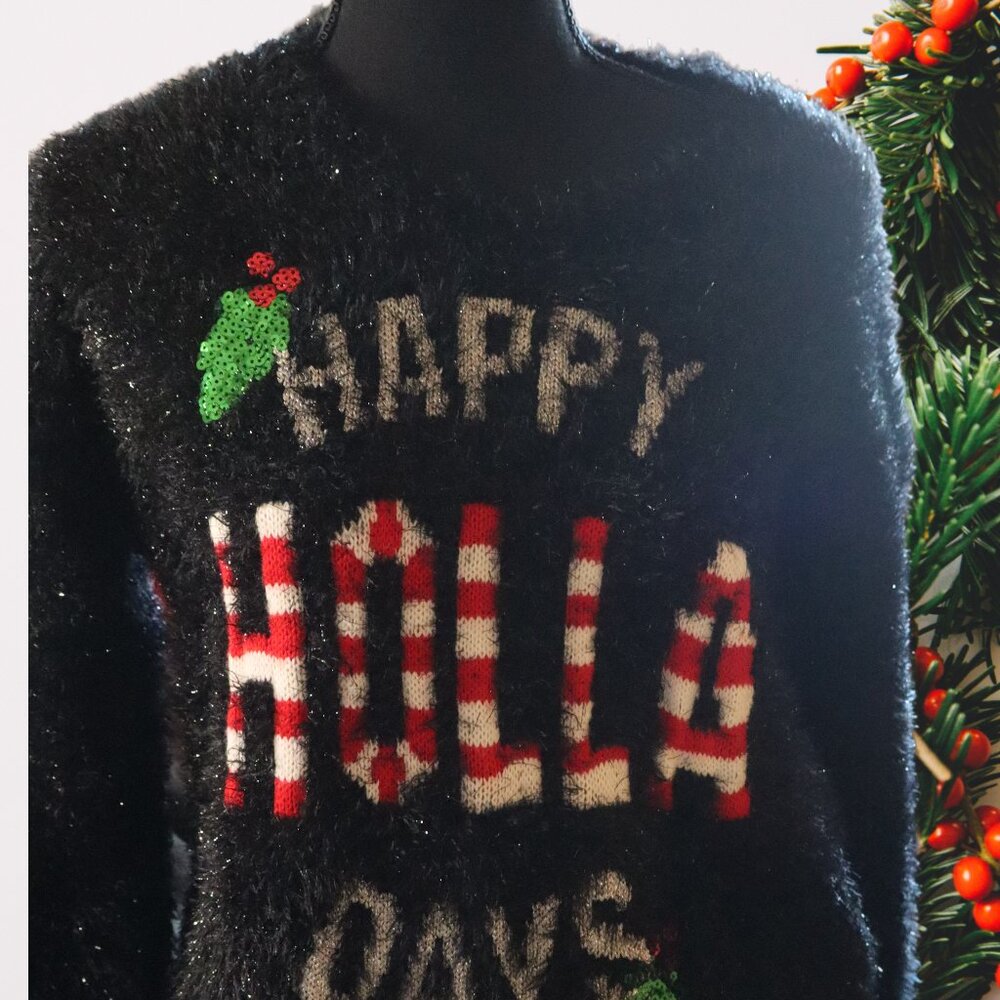 Target Holiday Sweater, Happy Holla Days, Black, fuzzy Sweater, Size Large